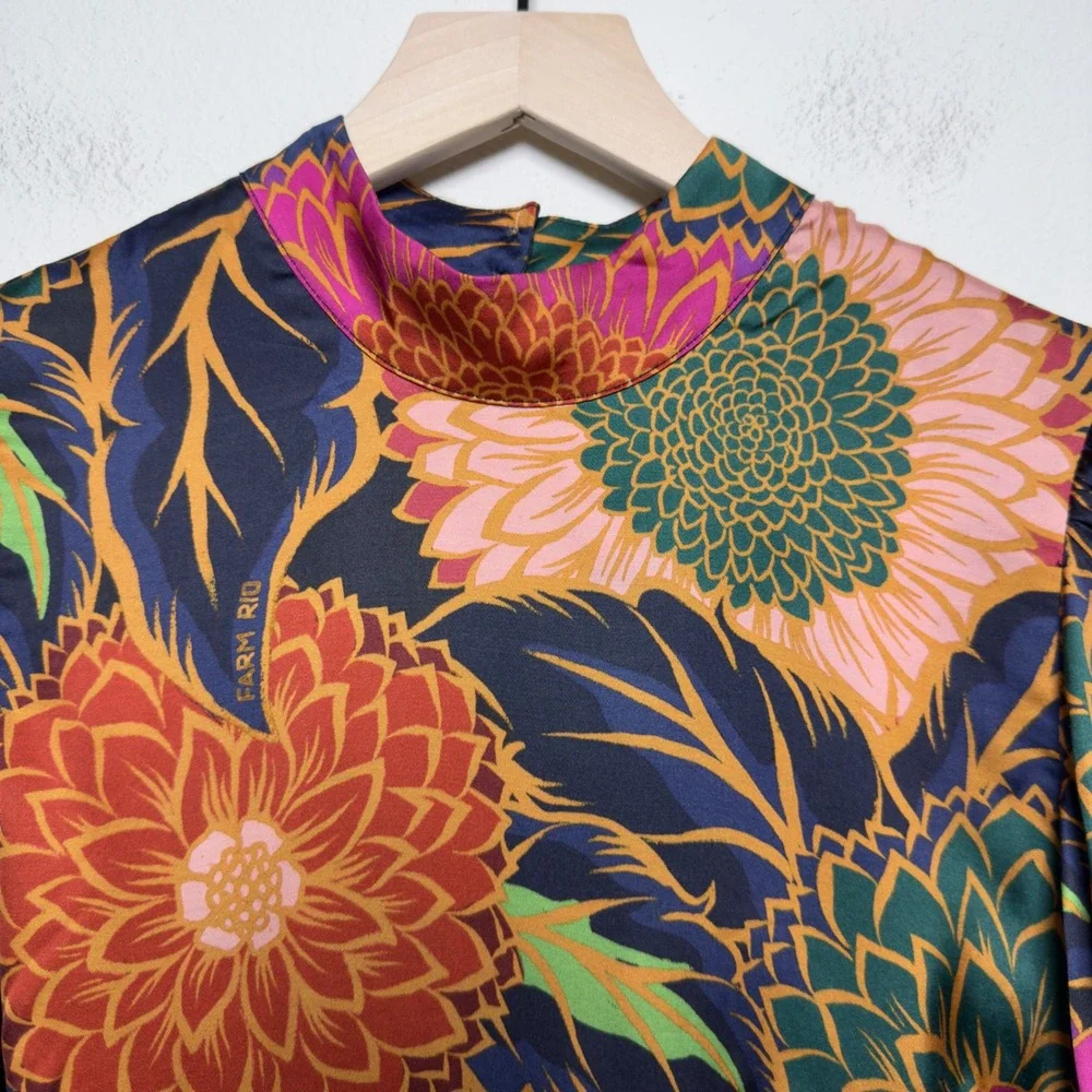 Farm Rio Women Top Small Multicolor Vintage Garden Satin Mock‎ Neck Puff Sleeve
